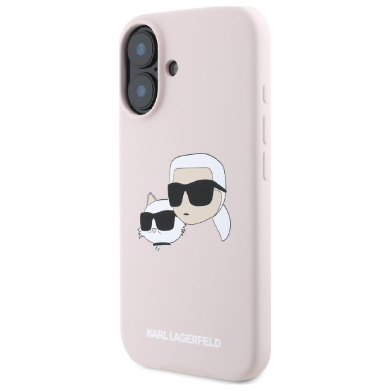 Karl Lagerfeld silikoninis „Double Heads Print MagSafe“ dėklas „iPhone 16“ (rožinis)