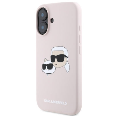 Karl Lagerfeld silikoninis „Double Heads Print MagSafe“ dėklas „iPhone 16“ (rožinis)