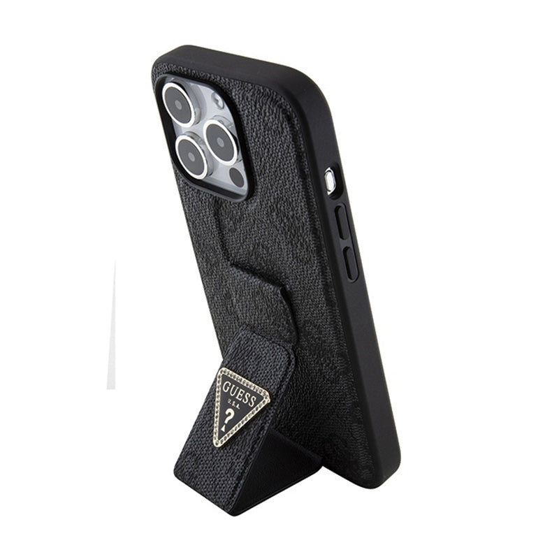 Guess Grip Stand 4G Triangle Strass Logo – iPhone 15 Pro dėklas (juodas)