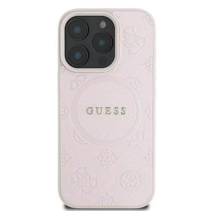 Guess Saffiano Peony Classic Logo MagSafe – dėklas iPhone 16 Pro (rožinis)