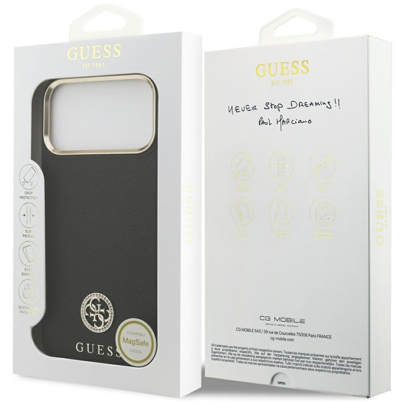Guess Grūdėtas Strass Logotipas MagSafe dėklas iPhone 17 Pro Max (juodas)