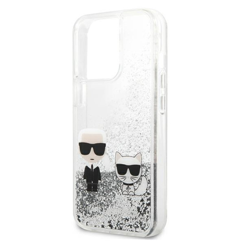 Karl Lagerfeld Liquid Glitter Karl & Choupette – dėklas, skirtas iPhone 13 Pro Max (sidabrinis)