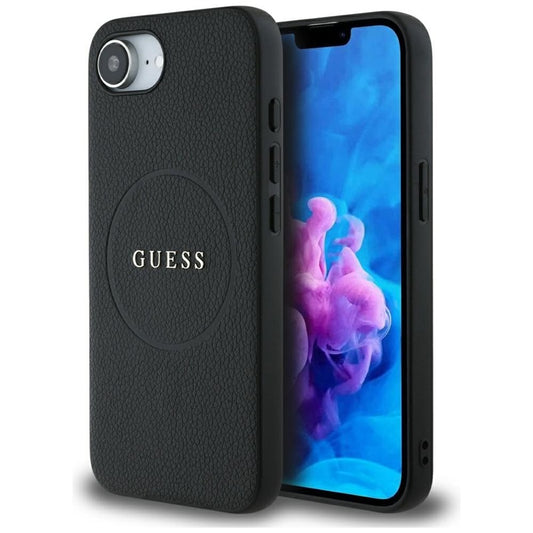 Guess Grained Ring MagSafe – dėklas, skirtas iPhone 16e (juodos spalvos)