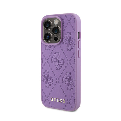 Guess Odinis 4G Stamped dėklas, skirtas iPhone 15 Pro (Violetinė)