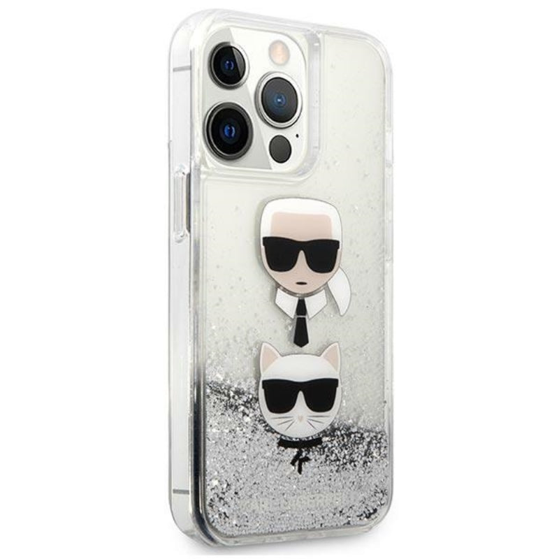 Karl Lagerfeld Liquid Glitter Karl & Choupette Head - dėklas, skirtas iPhone 13 Pro Max (sidabrinis)