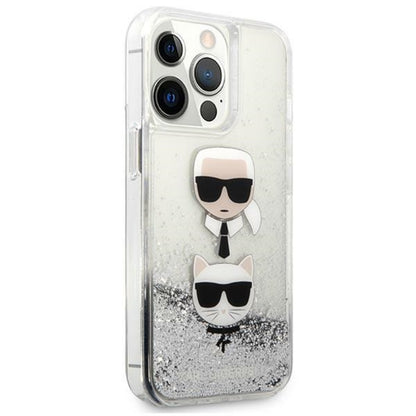 Karl Lagerfeld Liquid Glitter Karl & Choupette Head - dėklas, skirtas iPhone 13 Pro Max (sidabrinis)