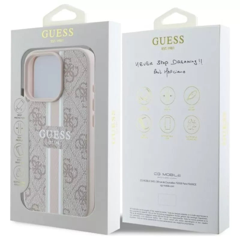 Guess 4G Printed Stripes MagSafe – dėklas iPhone 16 Pro Max (rožinis)