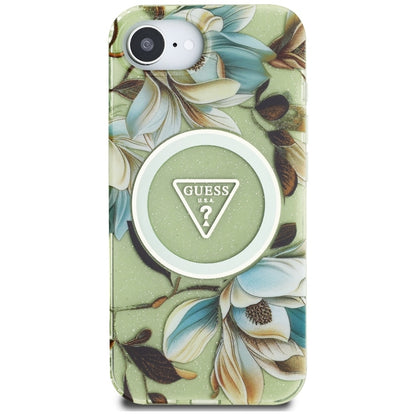 Guess IML Metal Glitter Flowers Triangle MagSafe – Dėklas iPhone 16e (žalias)