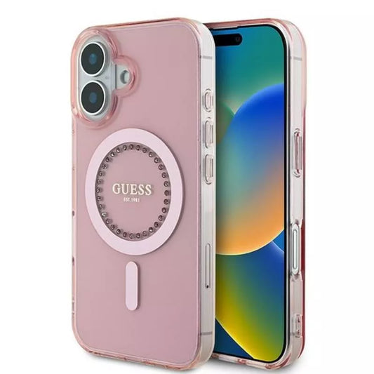 Guess IML deimantukai MagSafe dėklas iPhone 16 Plus (Rožinis)