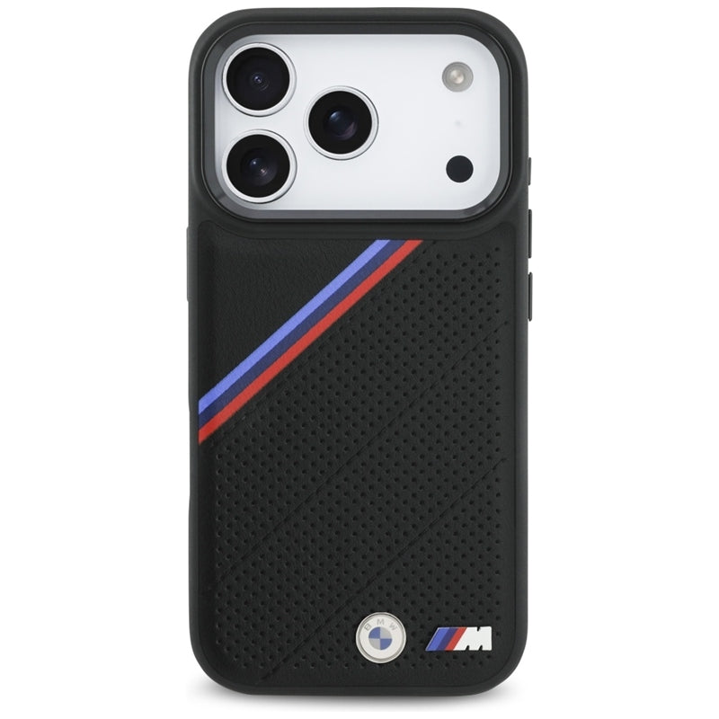 BMW M Tricolor Metal Logo MagSafe dėklas – iPhone 17 Pro (Juodas)