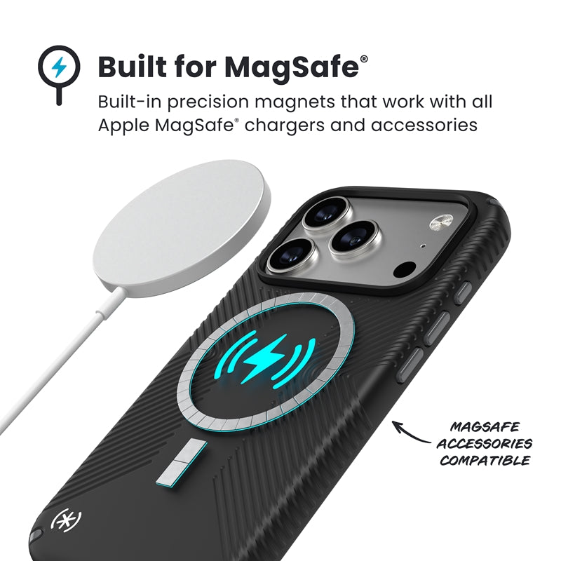 Speck Presidio2 Grip MagSafe – dėklas iPhone 17 Pro (juodos / skalūno pilkos / baltos spalvos)