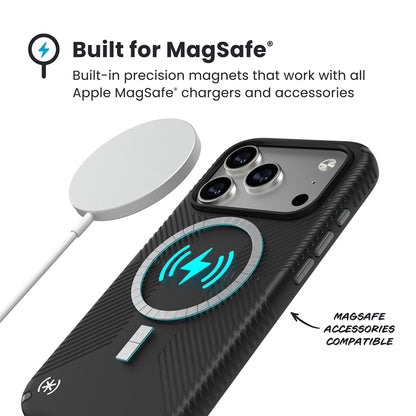Speck Presidio2 Grip MagSafe – dėklas iPhone 17 Pro (juodos / skalūno pilkos / baltos spalvos)
