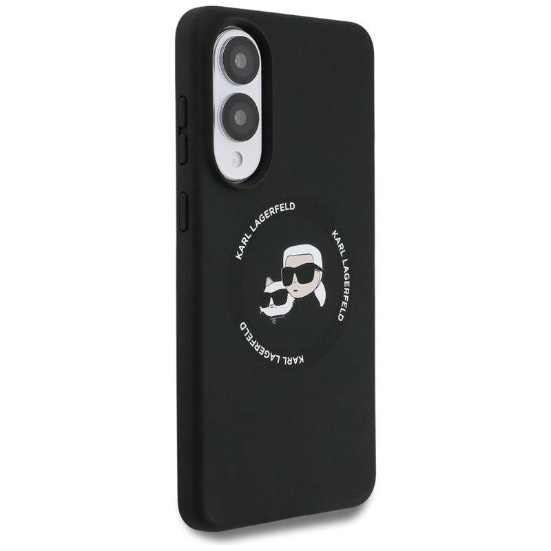 Karl Lagerfeld Silikoninis Dėklas su Dvigubomis Galvutėmis ir Apskritimu MagSafe – Samsung Galaxy S25 Edge (juodas)