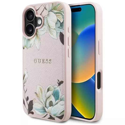Guess Grained Printed Flower Pattern MagSafe - dėklas iPhone 16 (rožinis)