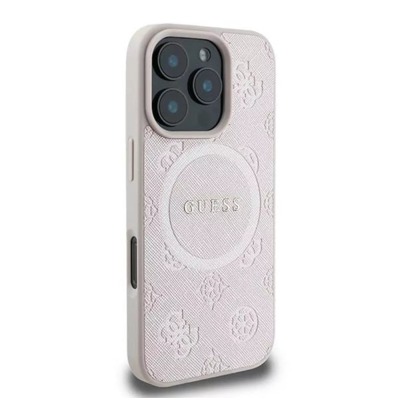 Guess Saffiano Peony Classic Logo MagSafe – dėklas iPhone 16 Pro (rožinis)