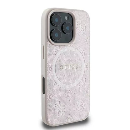Guess Saffiano Peony Classic Logo MagSafe – dėklas iPhone 16 Pro (rožinis)
