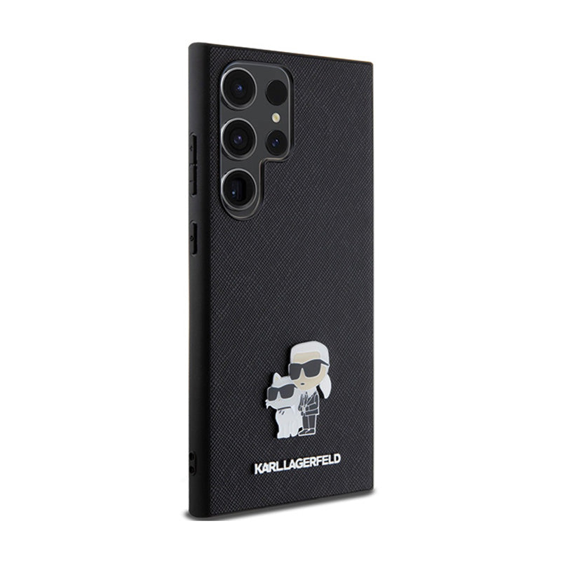 Karl Lagerfeld Saffiano Karl & Choupette metalinis smeigtukas - dėklas, skirtas Samsung Galaxy S24 Ultra (juodas)