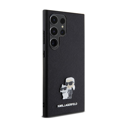 Karl Lagerfeld Saffiano Karl & Choupette metalinis smeigtukas - dėklas, skirtas Samsung Galaxy S24 Ultra (juodas)