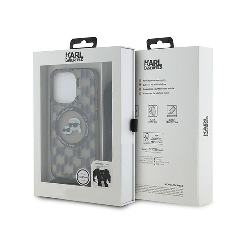 Karl Lagerfeld IML dėklas su dirželiu per petį „Monogram Karl & Choupette Head“ ir MagSafe, skirtas iPhone 15 Pro Max (Juodas)