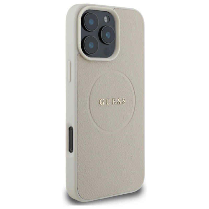 Guess Grained Ring MagSafe – dėklas, skirtas „iPhone 16 Pro Max“ (smėlio spalvos)
