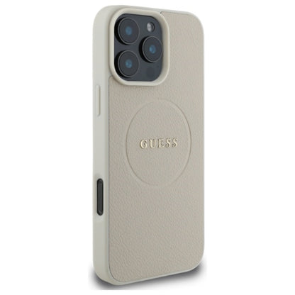 Guess Grained Ring MagSafe – dėklas, skirtas „iPhone 16 Pro Max“ (smėlio spalvos)