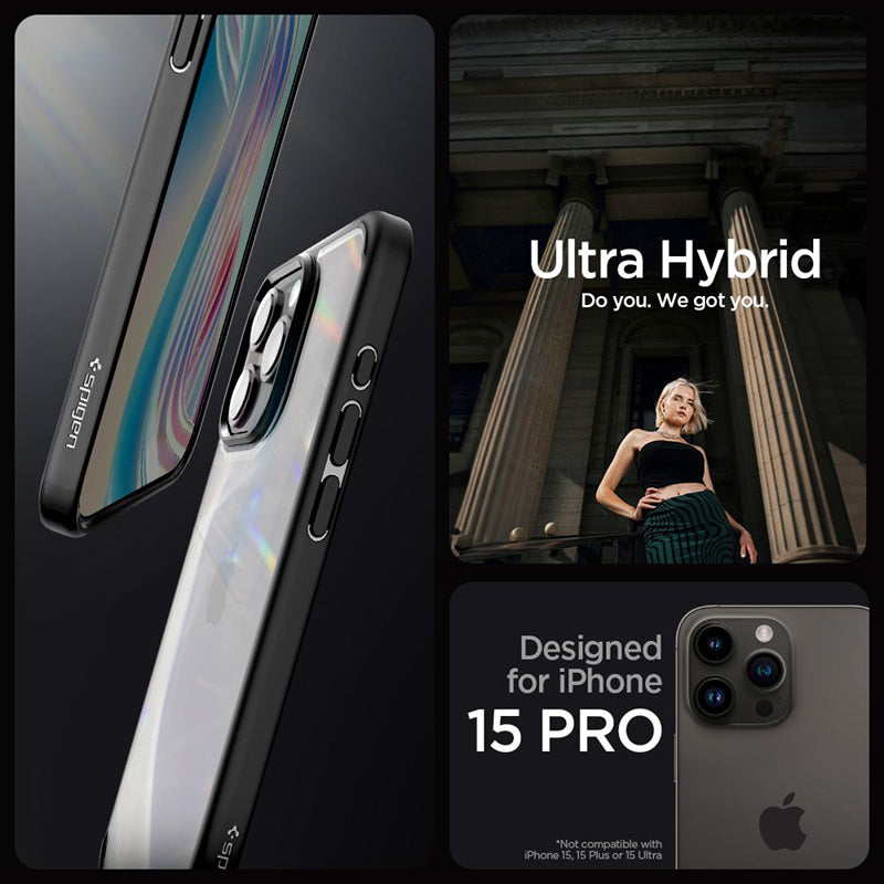 Spigen Ultra Hybrid – dėklas, skirtas iPhone 15 Pro (Frost Black)