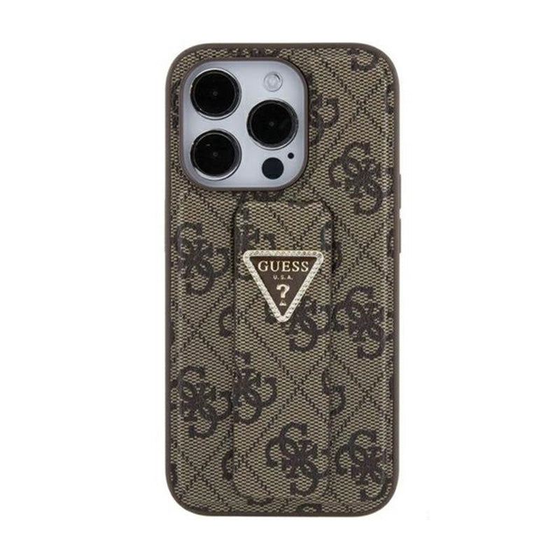 Guess Grip Stand 4G Triangle Strass Logo – iPhone 15 dėklas (rudas)