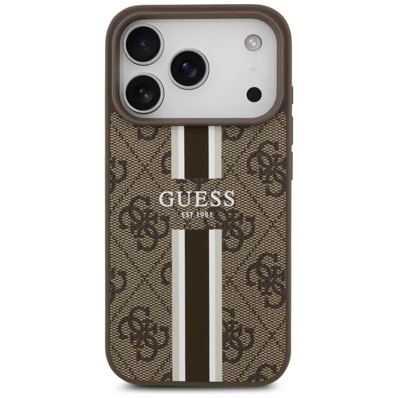 Guess 4G Spausdintos Juostelės MagSafe dėklas iPhone 17 Pro (rudas)