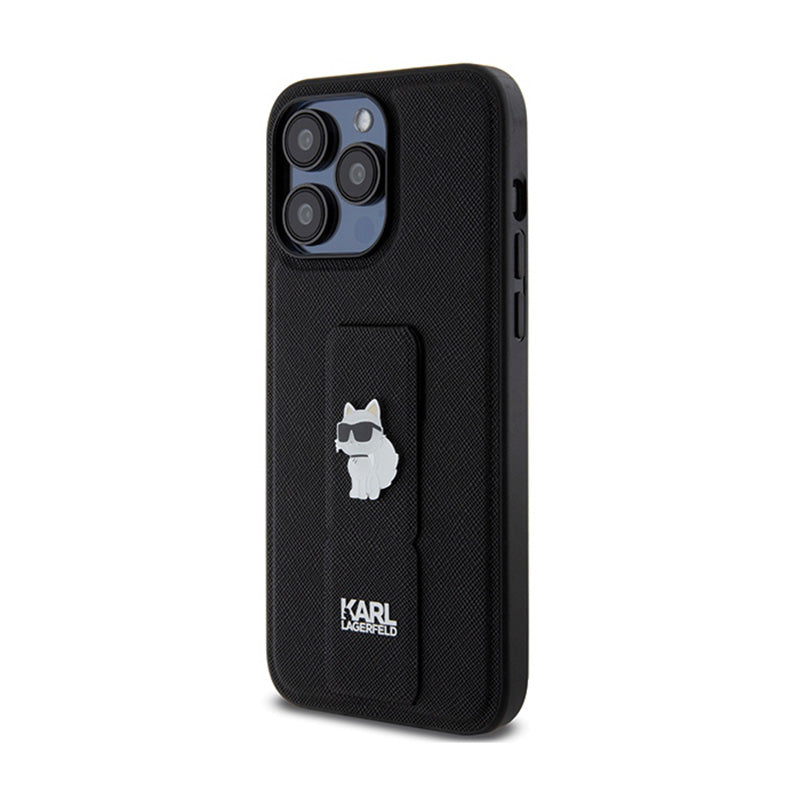 Karl Lagerfeld Gripstand Saffiano Choupette Pins – iPhone 13 Pro Max dėklas (juodas)
