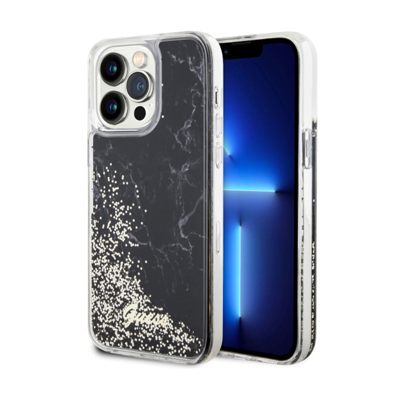 Guess Liquid Glitter Marble – dėklas, skirtas „iPhone 14 Pro Max“ (juodas)