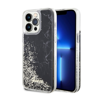 Guess Liquid Glitter Marble – dėklas, skirtas „iPhone 14 Pro Max“ (juodas)