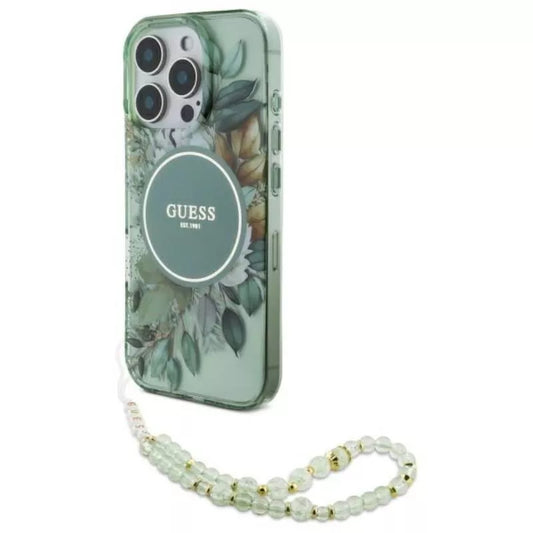 Guess IML Gėlės su perlų dirželiu MagSafe – dėklas iPhone 16 Pro (Žalias)