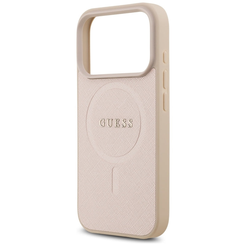Guess Saffiano Klasikinis Logotipas MagSafe Dėklas iPhone 17 Pro (rožinis)