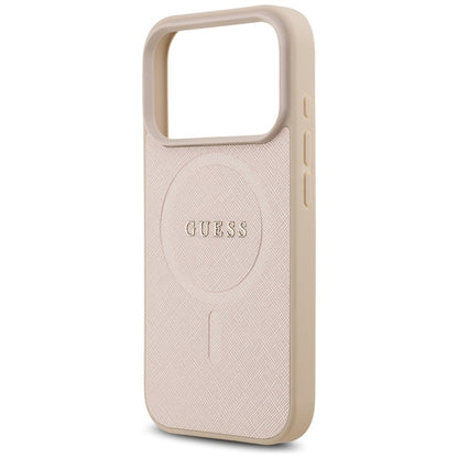 Guess Saffiano Klasikinis Logotipas MagSafe Dėklas iPhone 17 Pro (rožinis)