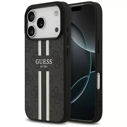 Guess 4G Printed Stripes MagSafe dėklas iPhone 17 Pro (juodas)
