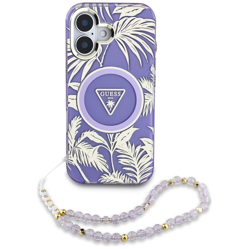Guess Palm Trees Triangle Pearl Strap MagSafe – Dėklas skirtas iPhone 16 (violetinis)
