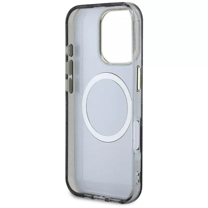 Guess Glitter Flowers Triangle Buttons MagSafe - Dėklas, skirtas iPhone 16 Pro Max (juodas)