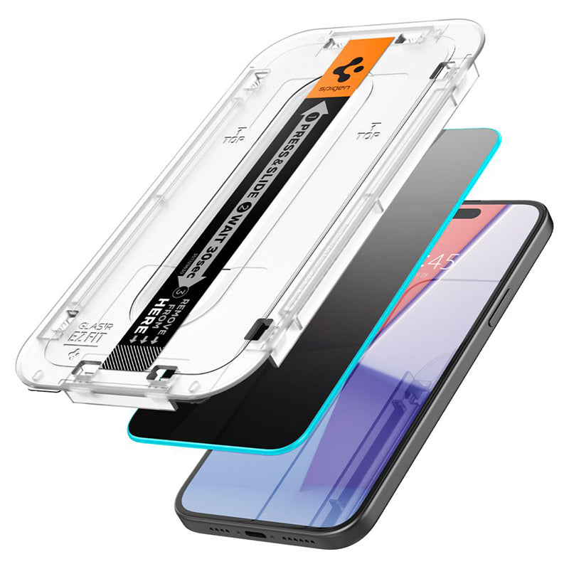 Spigen GLAS.TR EZ FIT Privacy 2 vnt. – grūdintas stiklas su privatumo filtru „iPhone 15“ / 16, 2 vnt.
