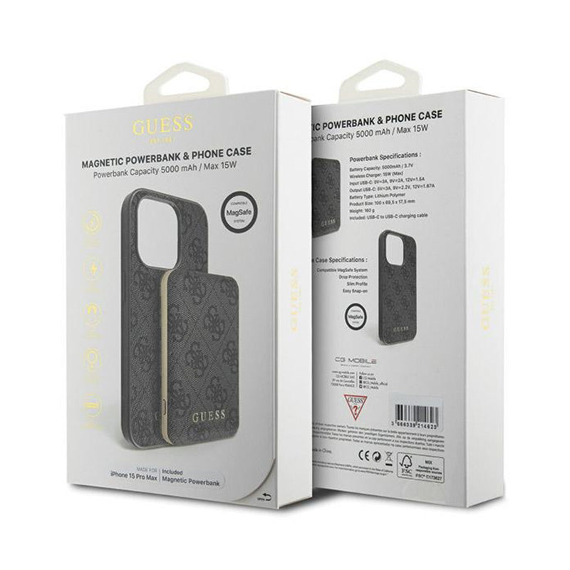 Guess Rinkinio Rinkinys MagSafe 4G Metalinis Auksinis Logotipas – Dėklų rinkinys + 5000 mAh MagSafe galios baterija „iPhone 15 Pro Max“ (juoda)
