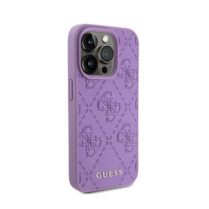 Guess Odinis 4G Stamped dėklas, skirtas iPhone 15 Pro (Violetinė)