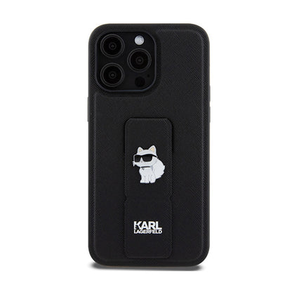 Karl Lagerfeld Gripstand Saffiano Choupette Pins – iPhone 13 Pro Max dėklas (juodas)