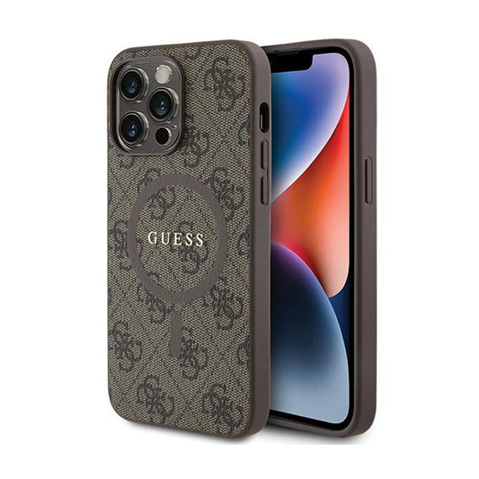 Guess 4G Collection Odinis Dėklas su Metalo Logotipu ir MagSafe, skirtas iPhone 15 Pro (rudos spalvos)