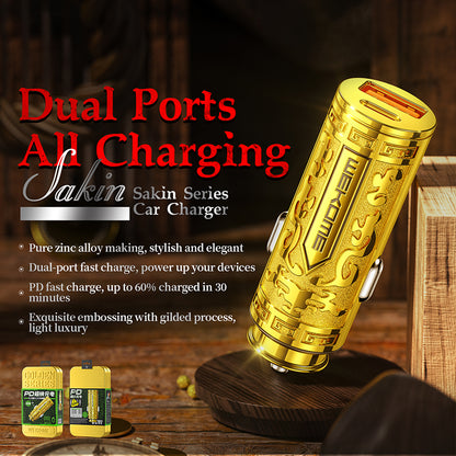 WEKOME WP-C37 Sakin serija – USB-C ir USB-A greitasis įkrovimas PD 20W automobilinis įkroviklis (auksinis)