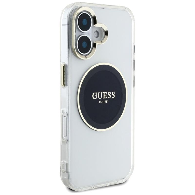 Guess IML Metal Colored Circle Classic Logo MagSafe – dėklas, skirtas „iPhone 16“ (juodas)
