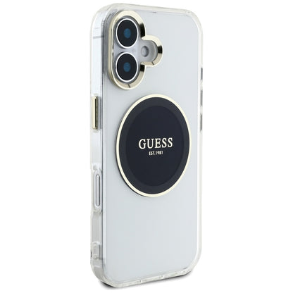 Guess IML Metal Colored Circle Classic Logo MagSafe – dėklas, skirtas „iPhone 16“ (juodas)
