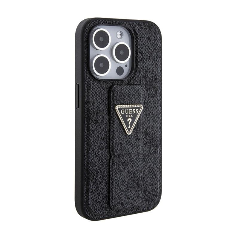 Guess Grip Stand 4G Triangle Strass Logo – iPhone 15 Pro dėklas (juodas)