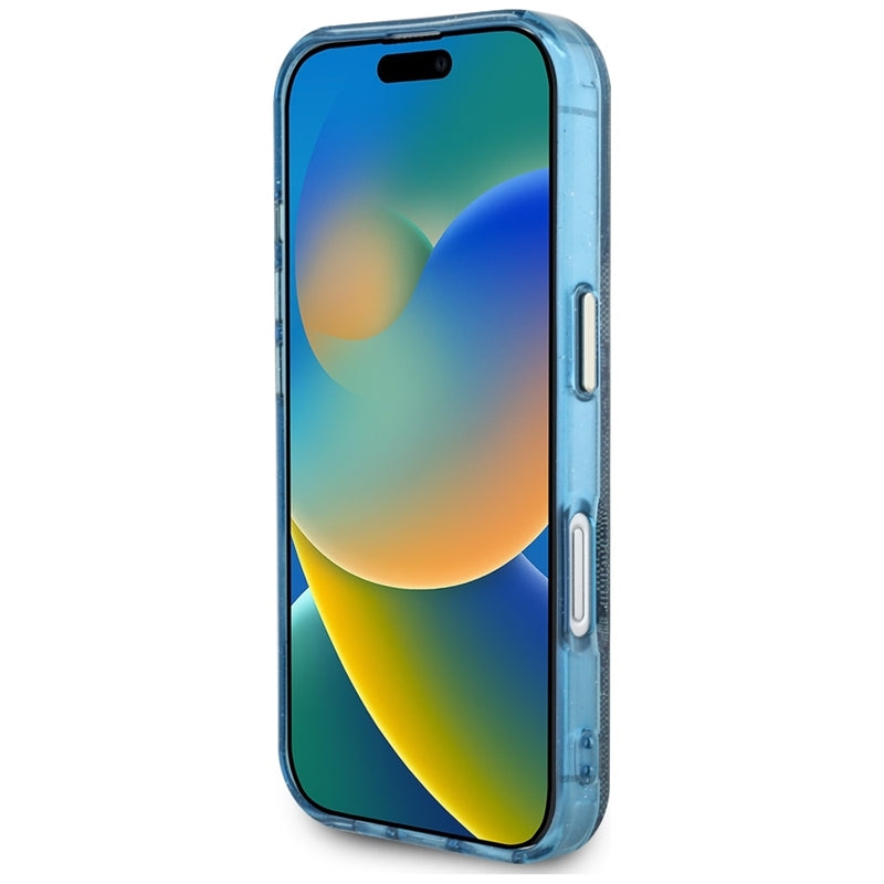 Guess IML Metal Glitter 4G Circle Triangle MagSafe – iPhone 16 dėklas (mėlynas)