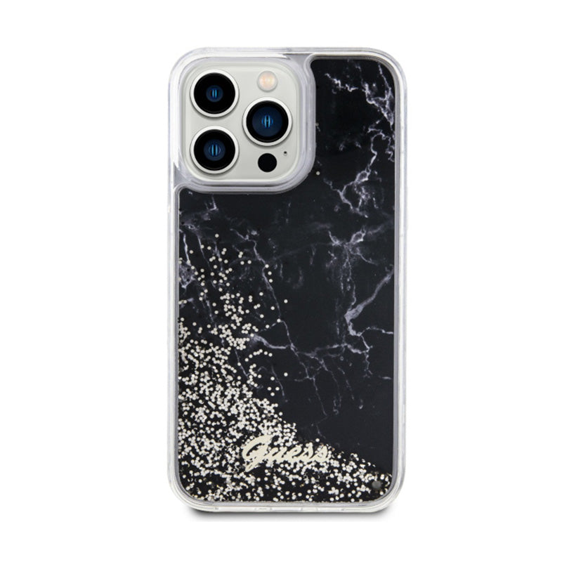 Guess Liquid Glitter Marble – dėklas, skirtas „iPhone 14 Pro Max“ (juodas)