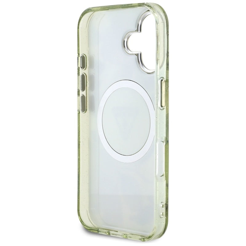 Guess Glitter Flowers Triangle Buttons MagSafe – Dėklas, skirtas iPhone 16 (žalias)