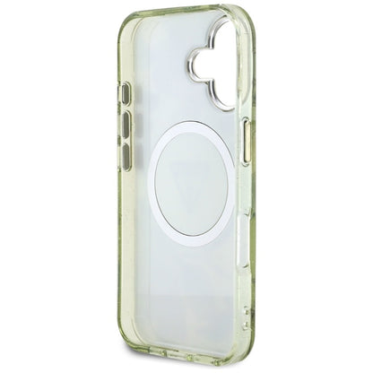 Guess Glitter Flowers Triangle Buttons MagSafe – Dėklas, skirtas iPhone 16 (žalias)